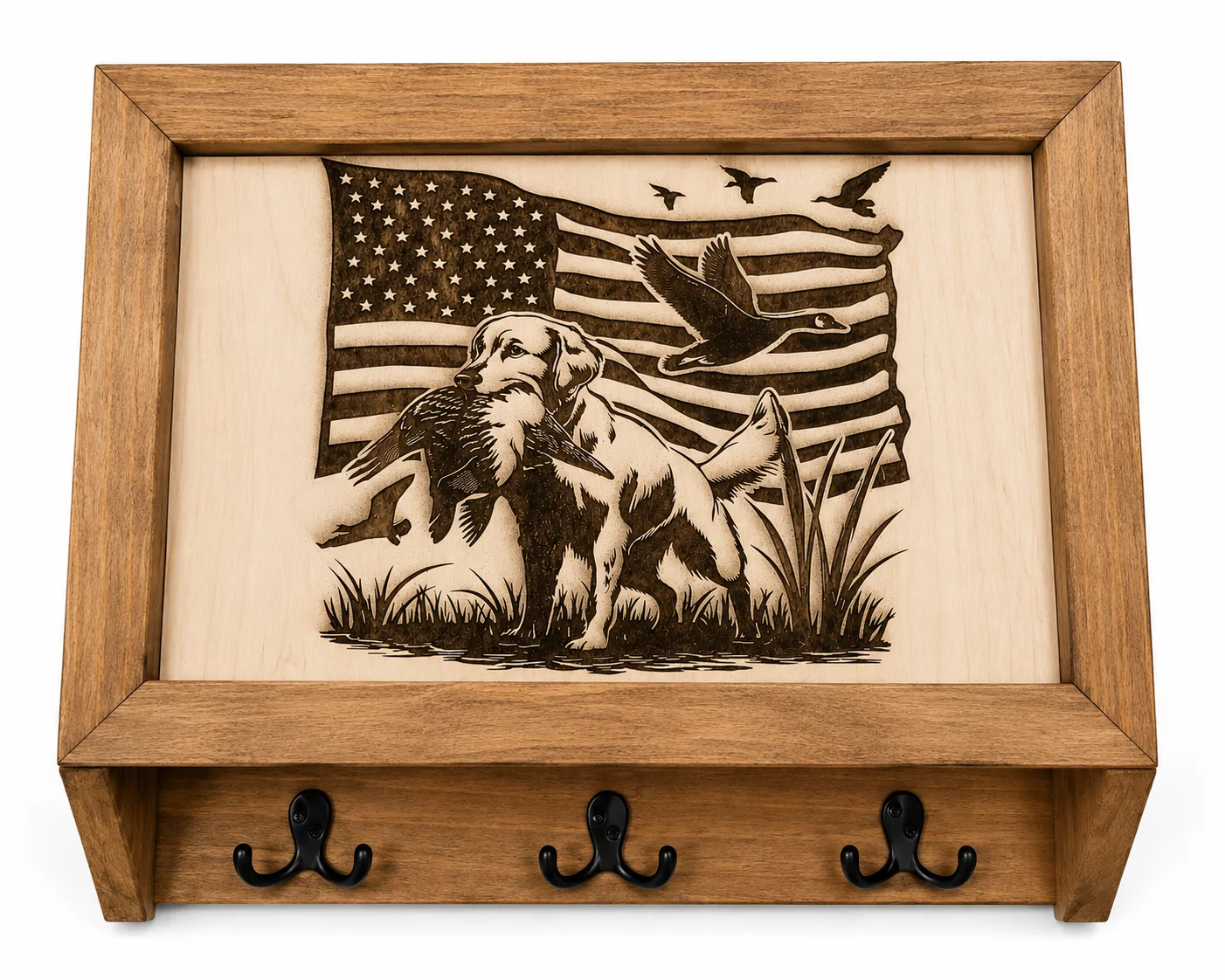Duck hunting engraved coat rack and concealment cabinet by Bentley Custom Works