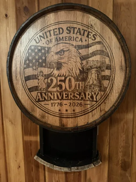 America 250th Barrel Display custom laser engraving by Bentley Custom Works