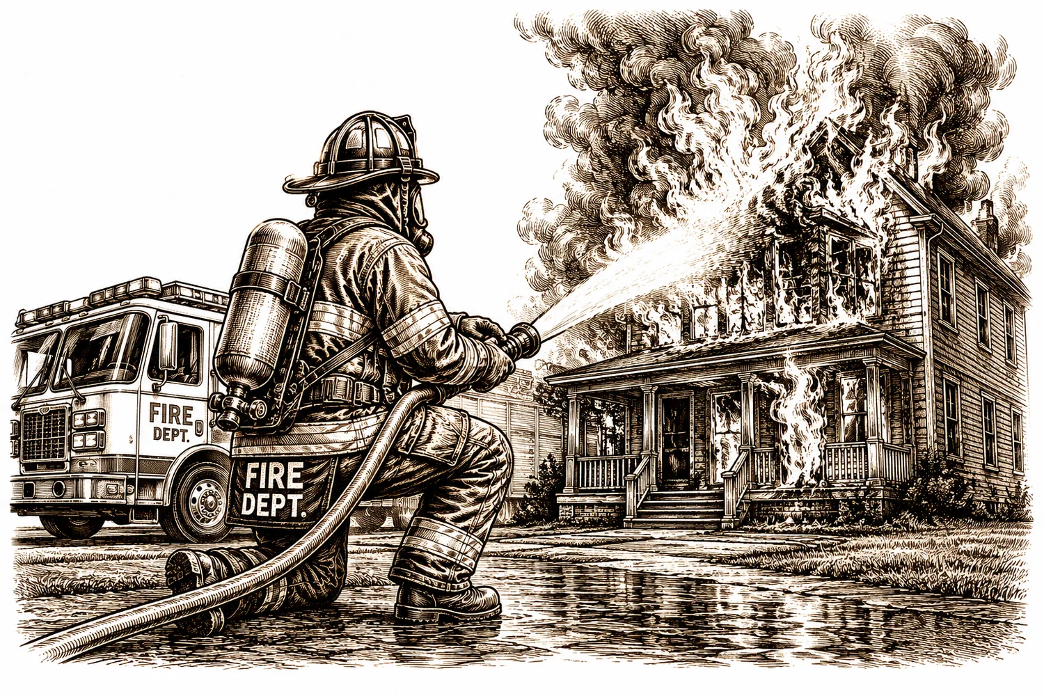 Firefighter at a House Fire custom laser engraving by Bentley Custom Works