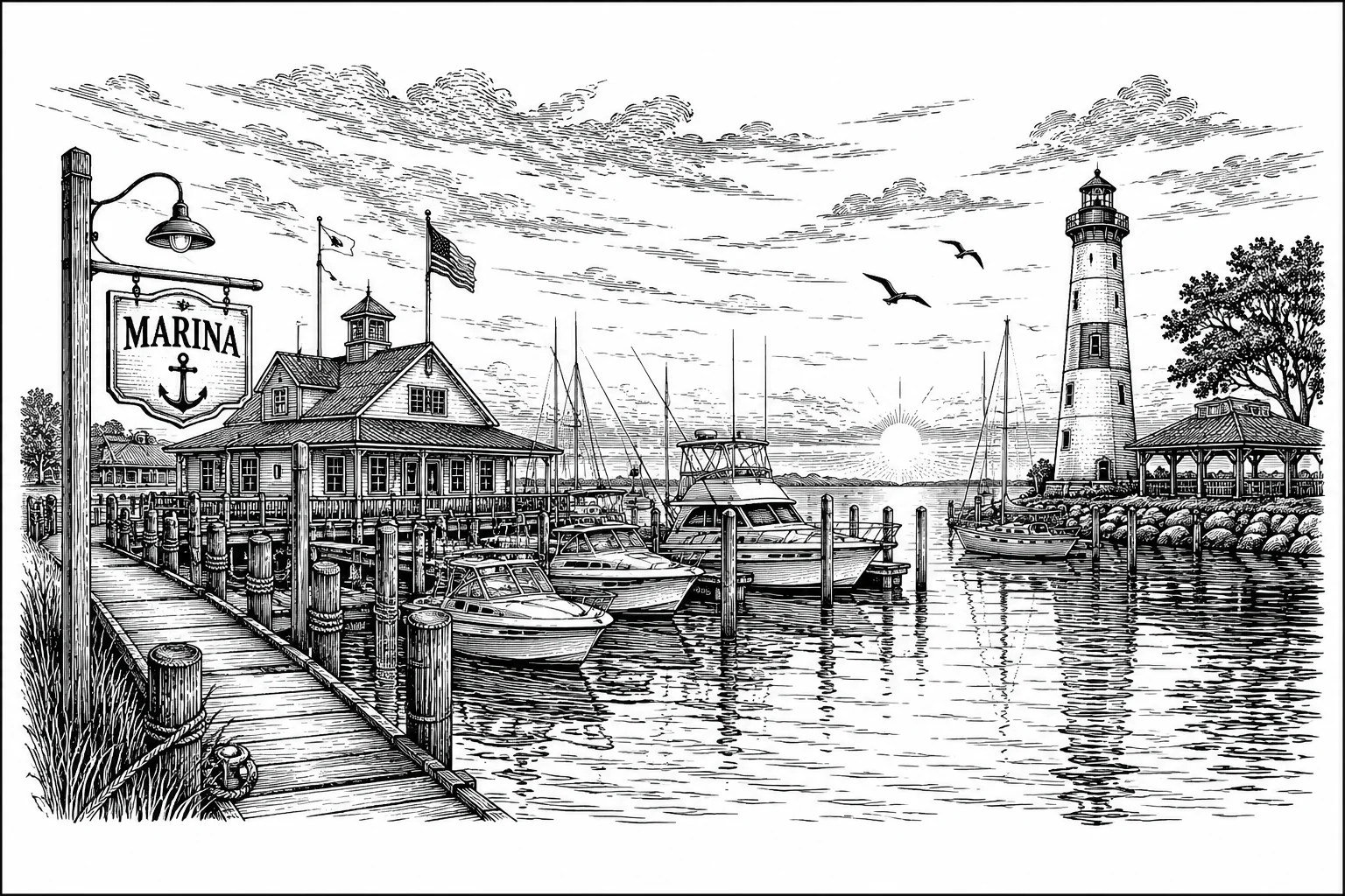 Marina & Lighthouse Scene custom laser engraving