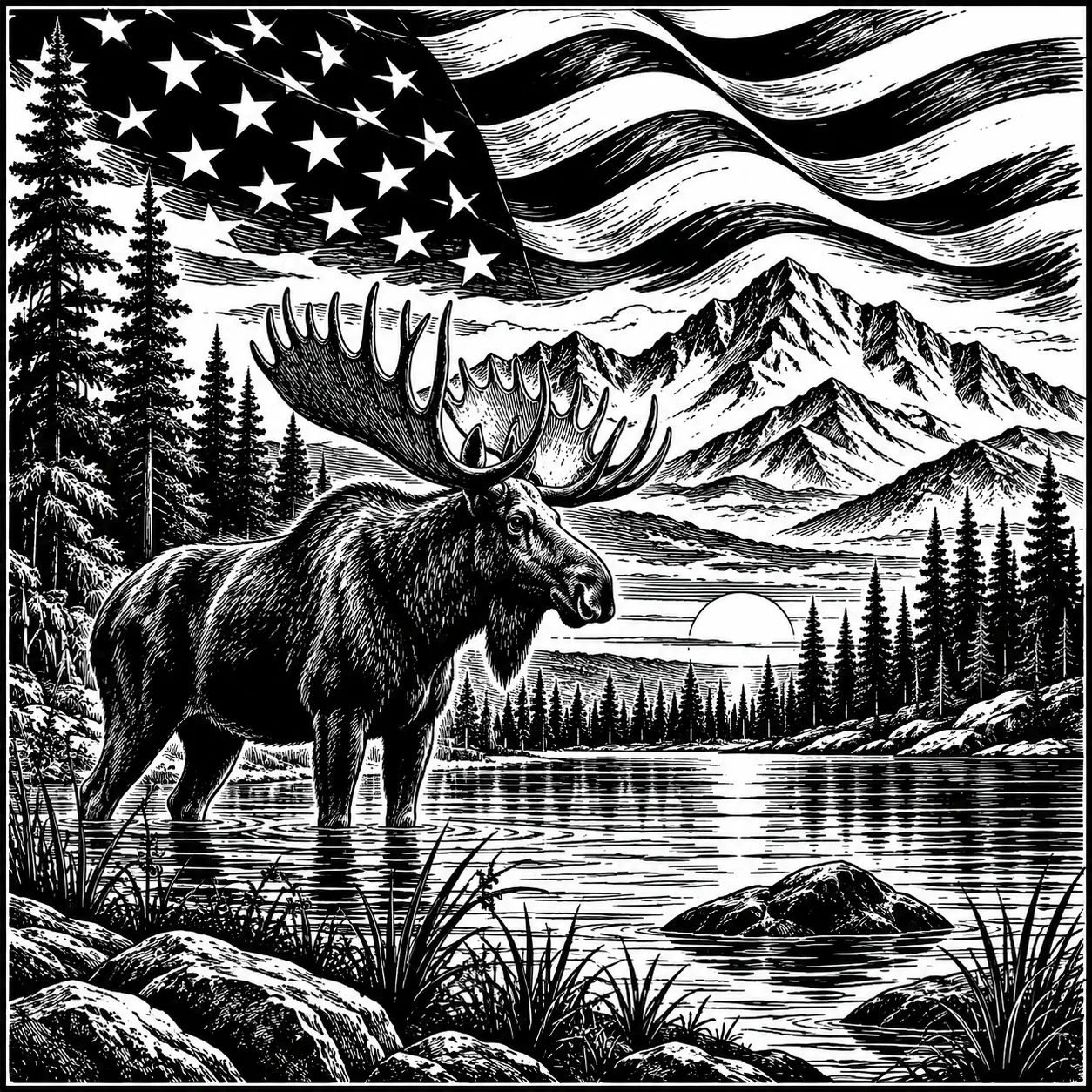 Moose, Mountains & American Flag custom laser engraving