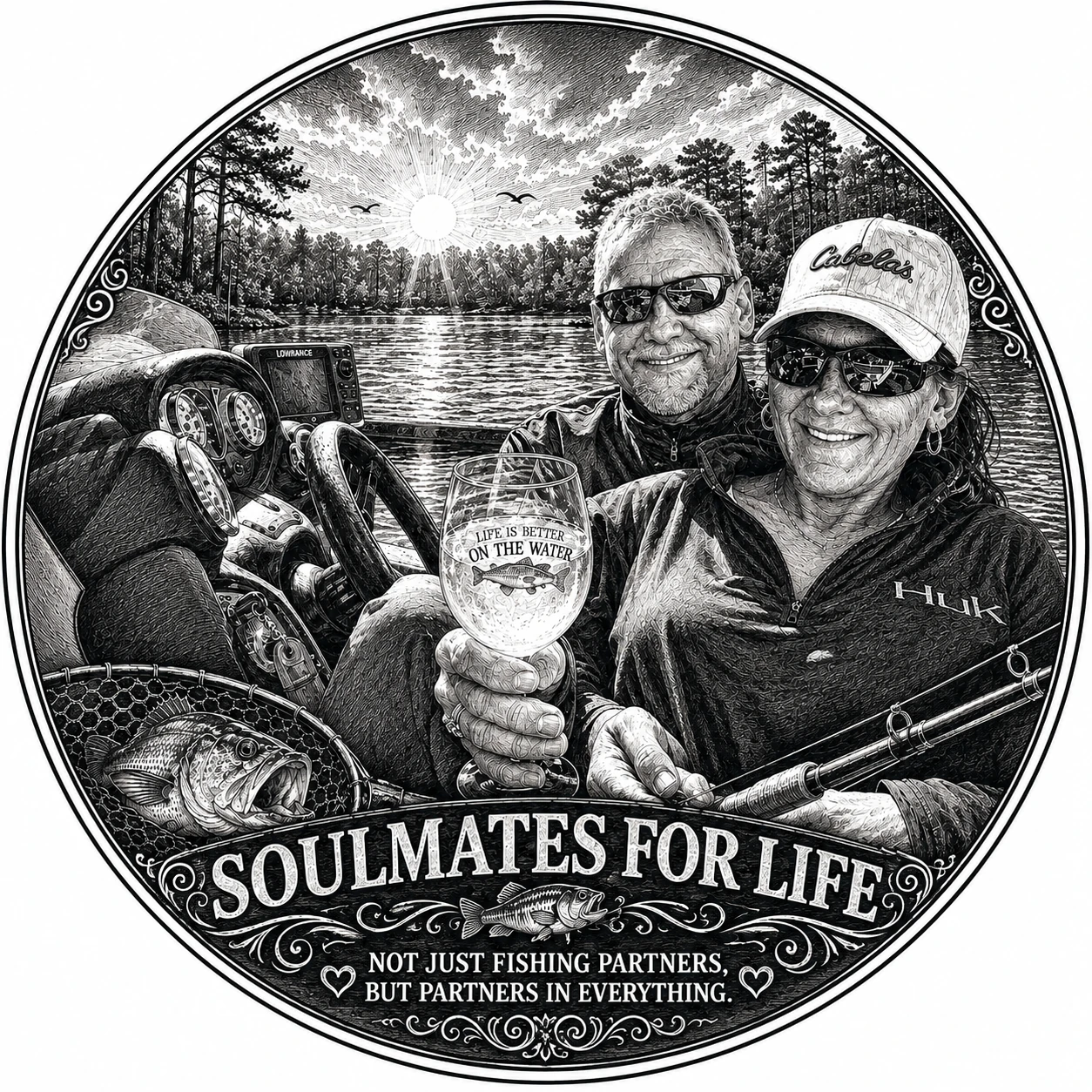 Soulmates for Life personalized fishing couple engraving by Bentley Custom Works