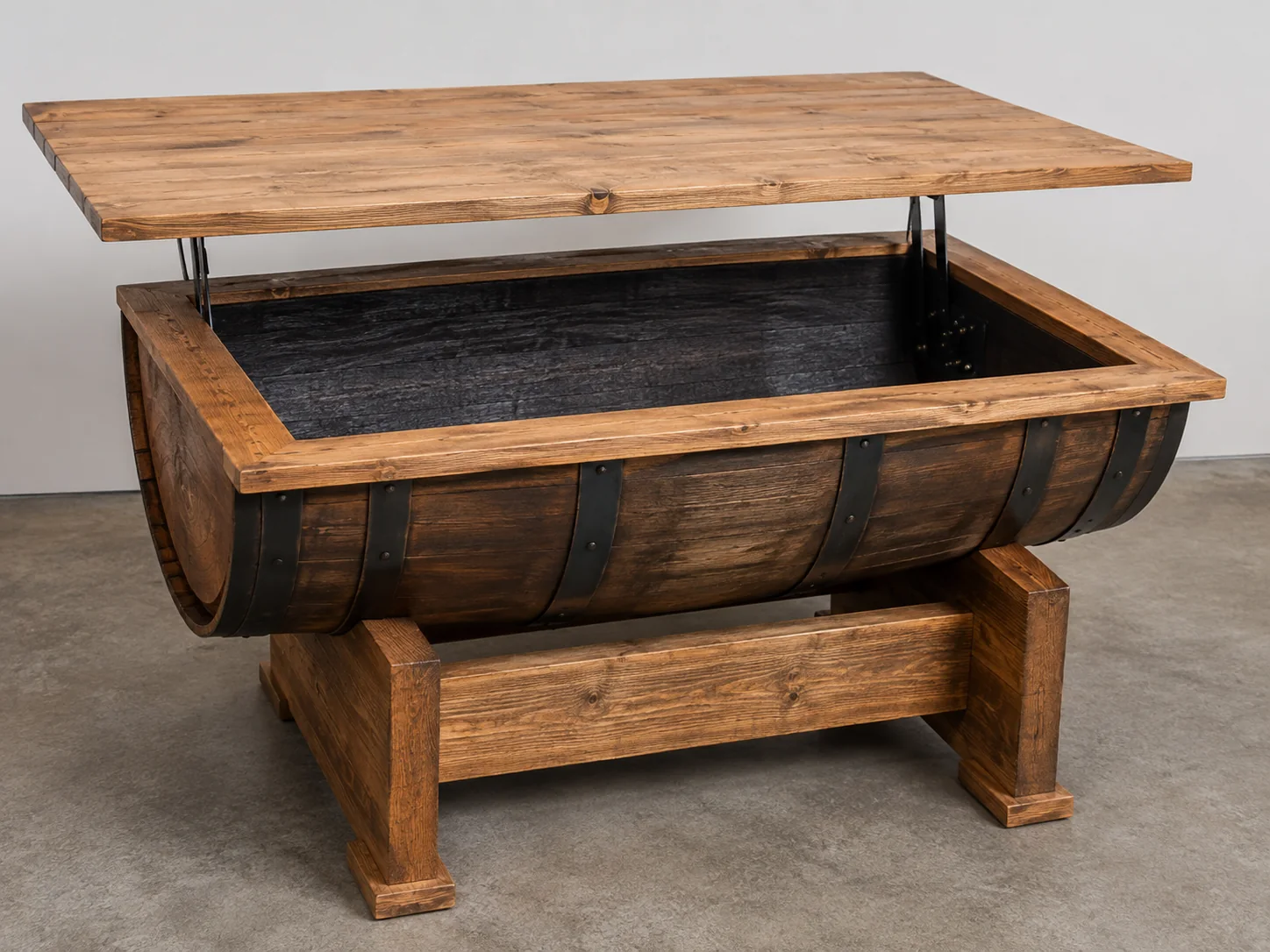 Custom whiskey barrel concealment coffee table by Bentley Custom Works